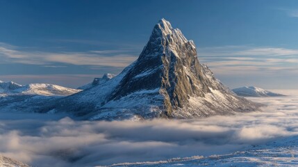 Snowy mountain peak above clouds