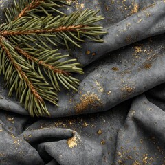 A leafy green pine branch is placed on top of a piece of fabric with gold specks