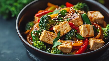 Tofu Stir-Fry with Colorful Vegetables in a Dark Bowl