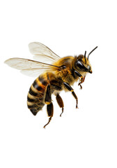 A single honey bee (Apis mellifera) with furry golden-yellow and black stripes, translucent wings, and antennae, frozen dynamically in mid-flight against a pristine plain white background, macro