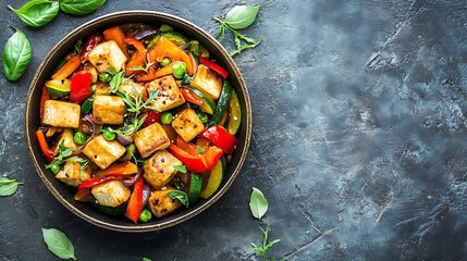 Colorful Stir-Fried Tofu and Vegetables in a Bowl