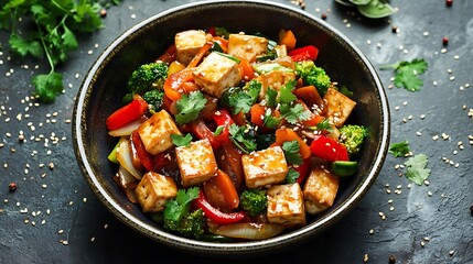 Colorful Tofu Stir-Fry with Vegetables in a Bowl