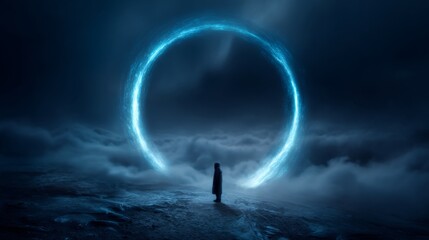 Astronaut admiring a luminous cosmic portal over a cloud-covered terrain, serene and minimalist ambiance, vast open space inviting exploration and wonder