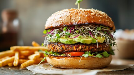 Vegan Burger with Avocado, Microgreens, and Tomato Served with Fries