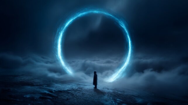 Astronaut admiring a luminous cosmic portal over a cloud-covered terrain, serene and minimalist ambiance, vast open space inviting exploration and wonder