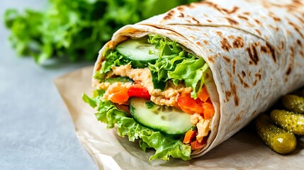 Fresh Wrap with Hummus, Lettuce, Cucumber, and Carrots