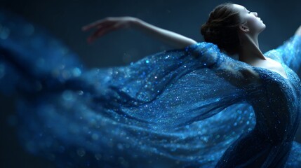 Ballerina in Blue Cosmic Dress Dancing Among Stars, an ethereal scene of grace and movement, set against a minimalist backdrop, evoking a sense of freedom and wonder.