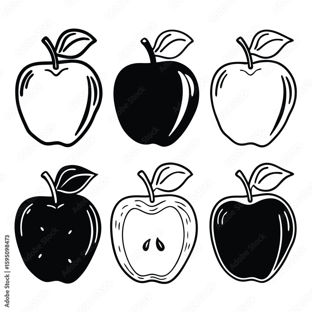 Poster six black and white apple illustrations in different styles on transparent background this image fea
