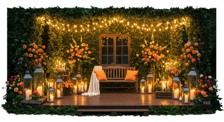 Enchanting outdoor wedding ceremony altar decorated with lush greenery and warm string lights