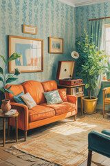 Cozy Mid-Century Living Room with Retro Orange Sofa and Lush Greenery in Sunlit Ambiance