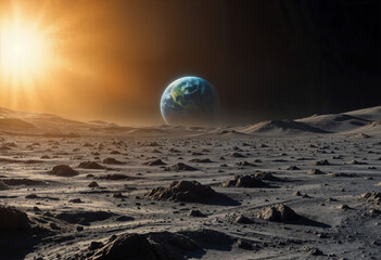 Earth seen from a desolate alien planet, a breathtaking space landscape.