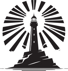 Lighthouse Beacon with Radiating Light and Path - Vector Silhouette
