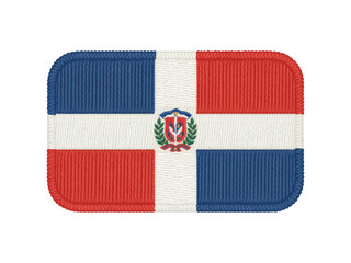 A detailed embroidered patch displays the national flag of the Dominican Republic with its...
