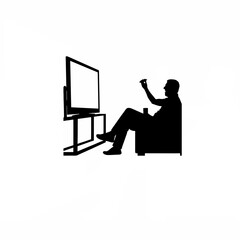 Man Eating Chips While Watching TV Silhouette on white background
