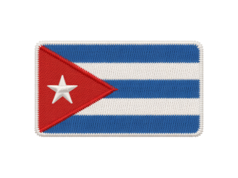 Detailed embroidered patch showcasing the Cuban flag with its iconic red triangle and white star against blue and white stripes, transparent background - Powered by Adobe