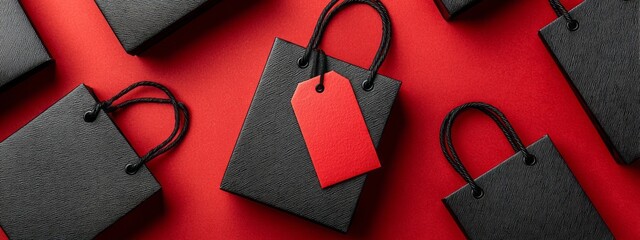 A row of black shopping bags with red tags on them