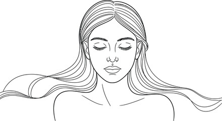 Black and white line drawing of a woman with closed eyes and flowing hair