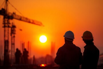 Fototapeta premium Construction workers in severe hats evaluating progress at a building site during sunset .