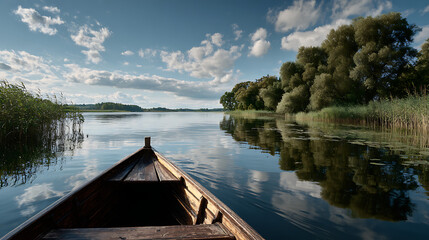 Obraz premium Traditional Boat And City Reflections On Oxbow Lake For Cultural Or Nature Backgrounds