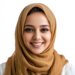 Smiling woman in hijab portrait close up on white background