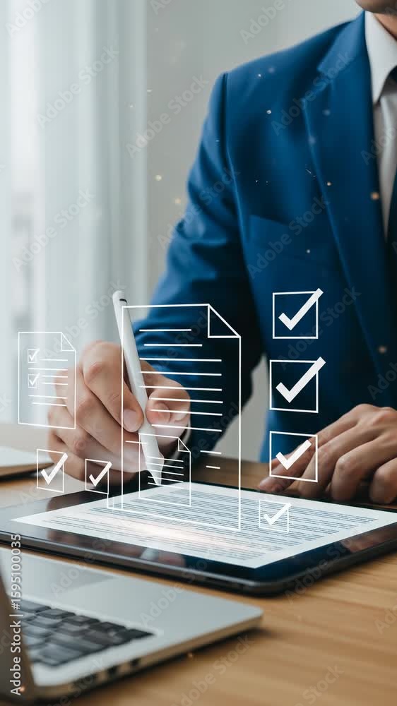 Aufkleber digital document signing: professional man completes online form with electronic signature using tab