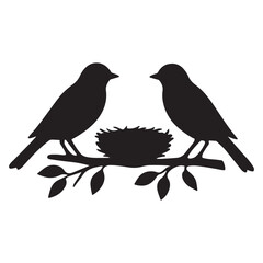 Fototapeta premium Birds on Branch with Nest Silhouette Vector Illustration Isolated on White