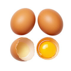Four fresh organic brown chicken eggs, one cracked open revealing vibrant yellow yolk and clear egg white, isolated on a transparent background with soft shadowless studio light, top-down view.