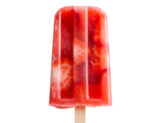 Fresh strawberry popsicle with visible fruit chunks and glossy texture isolated on transparent background PNG  