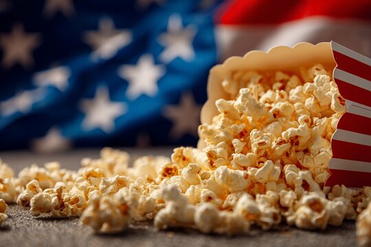 Freshly popped popcorn spilling from a box against a vivacious American flag background .