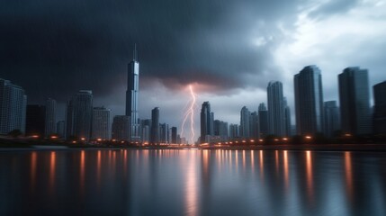 Fototapeta premium Dramatic lightning strikes over rainy urban cityscape at night