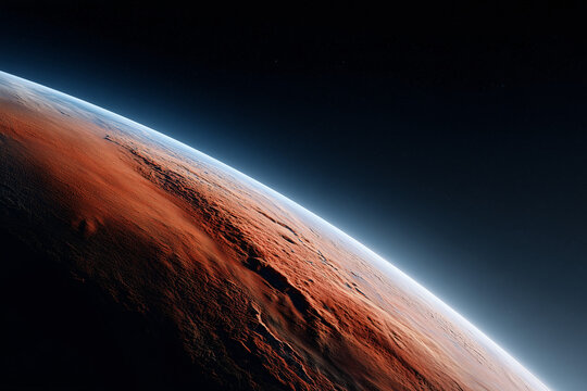 A stunning aerial view of Mars, showcasing the red planet and its thin atmosphere with the contrast of dark space