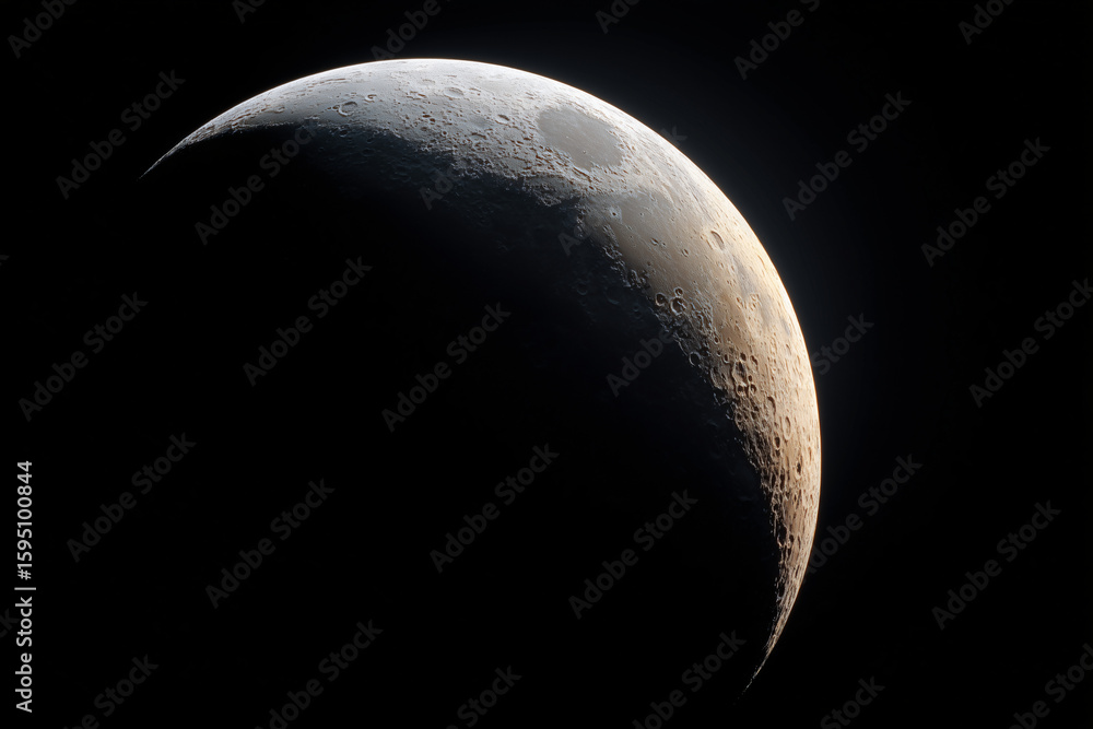 Poster close-up view of the crescent moon in space, against a dark background, creating a stunning visual d