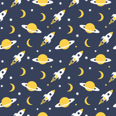 Planets, rockets, stars, and moons floating in space, a celestial seamless illustration.