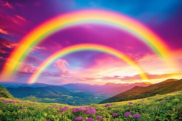 Vivid rainbows brightly arch over scenic mountain vista and lush wildflower meadow at sunset
