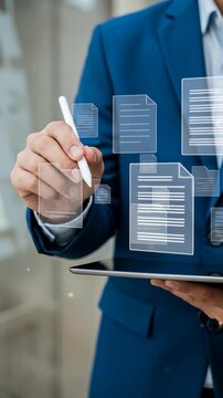 Digital Document Management: Businessman uses tablet and stylus to access, edit, and manage business files in a modern setting.