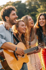 Joyful Friends Singing and Playing Guitar Together in Sunny Outdoor Setting with Laughter and Warm Vibes