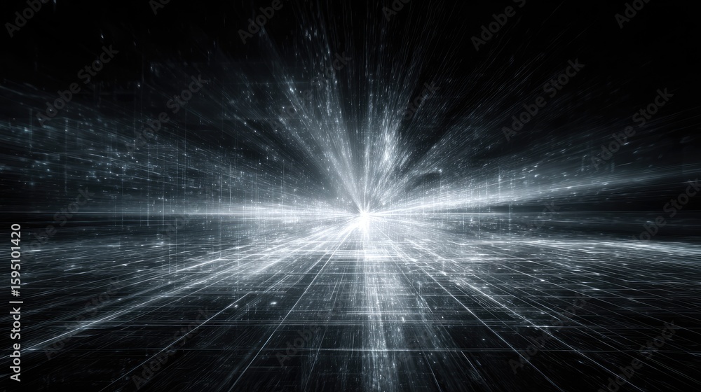 Poster a radiant, grayscale digital explosion emanating from a central point, radiating outwards in a grid-