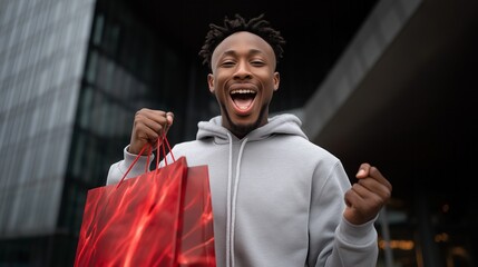 A man is holding a red shopping bag and smiling
