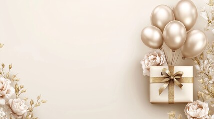 Happy birthday background with gift box, floating gold and beige balloons, confetti, and festive decorations for celebration or greeting card design




