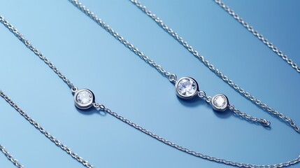 Fototapeta premium A light floating silver chain necklace with a solitaire diamond in bezel setting over a light slate blue background, minimal, sleek, and sharply rendered, full-frame image.