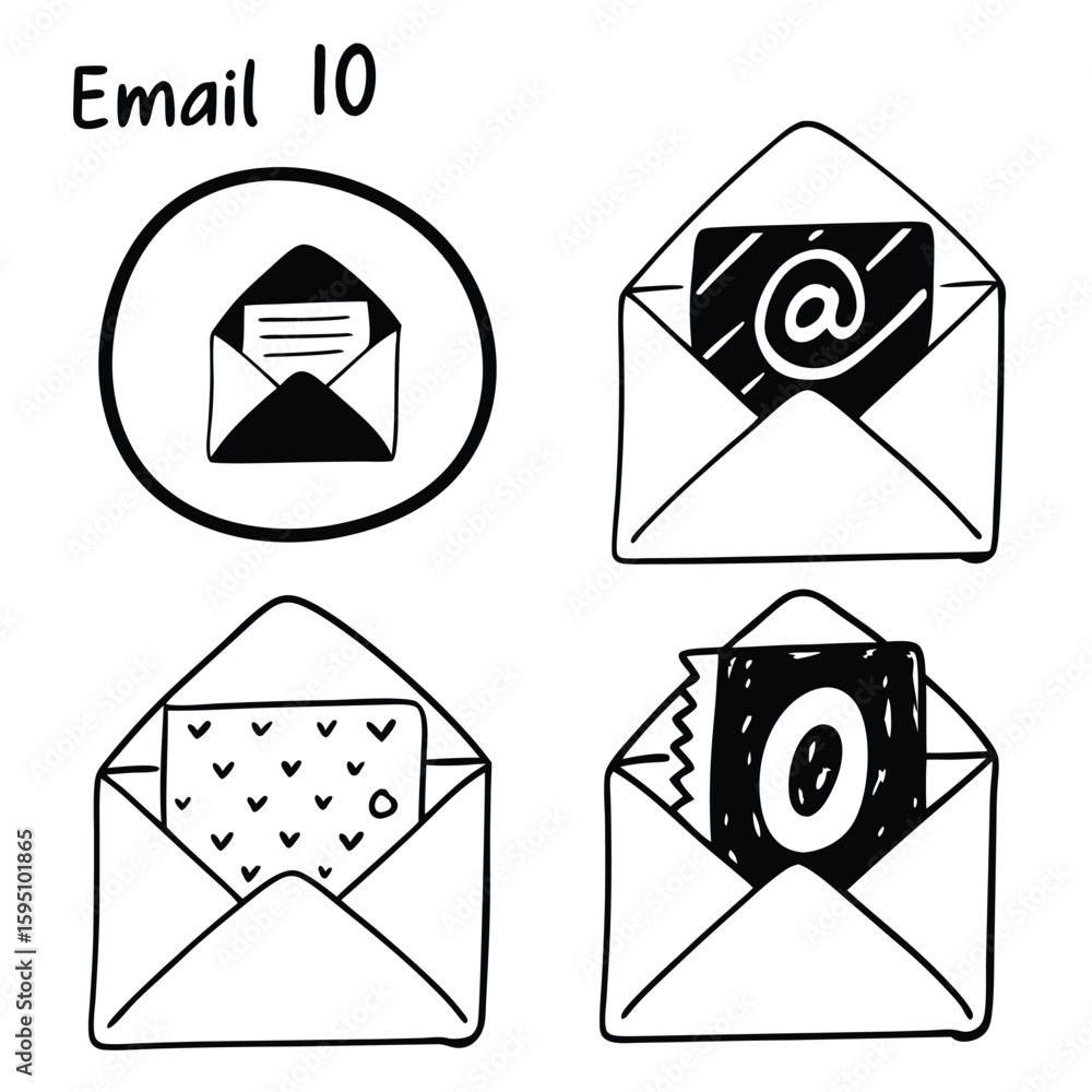 Poster hand drawn email icons set with different styles on transparent background set four hand drawn email