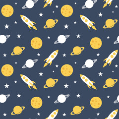 Space-themed seamless pattern with rockets, planets, and stars