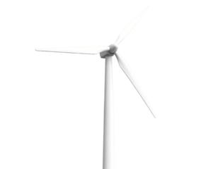  Modern white wind turbine with three blades, side view isolated on transparent background PNG  