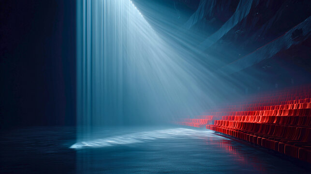 Empty theater auditorium with spotlight and red seats