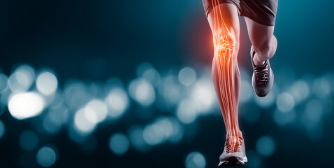 Futuristic 3D illustration showing a close-up of a human knee in motion, with visible joint anatomy and pain indication. Space for text