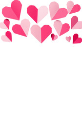 Ultra-realistic folded pink paper hearts of various sizes, artfully arranged at the top of a transparent background with abundant copy space, crisp drop shadows, top-down view, concept of romantic
