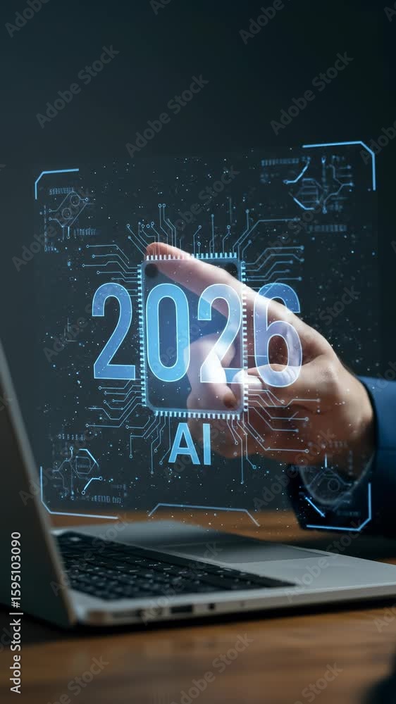 Poster ai in 2026: a man interacts with a digital overlay showcasing artificial intelligence advancements w