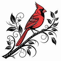 Obraz premium Stylized red cardinal perched on a decorative branch