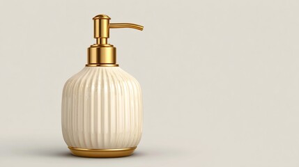 Elegant soap dispenser with ivory ribbed body and golden accents on a beige background
