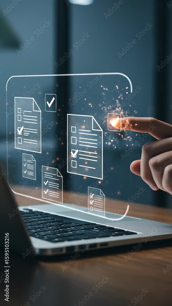 Poster document management: man reviewing digital checklist on laptop screen for effective task management 